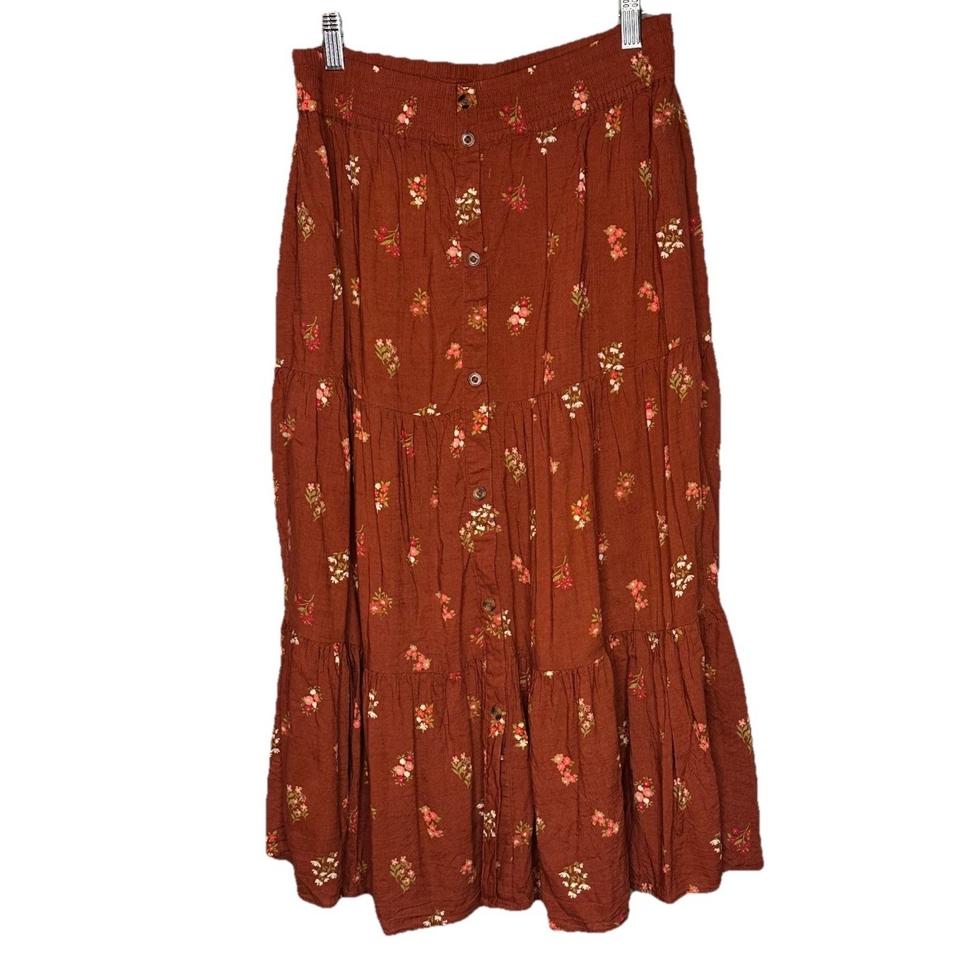 Sonoma Womens Floral Tiered Midi Skirt S Cotton Blend Rust Floral Boho Cottage